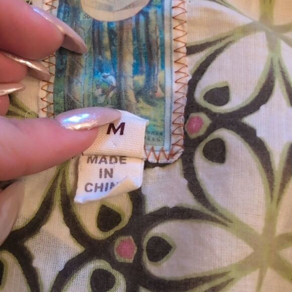 Burning Torch Anthropologie lightweight cotton kimono tie front green pattern M - Picture 6 of 10